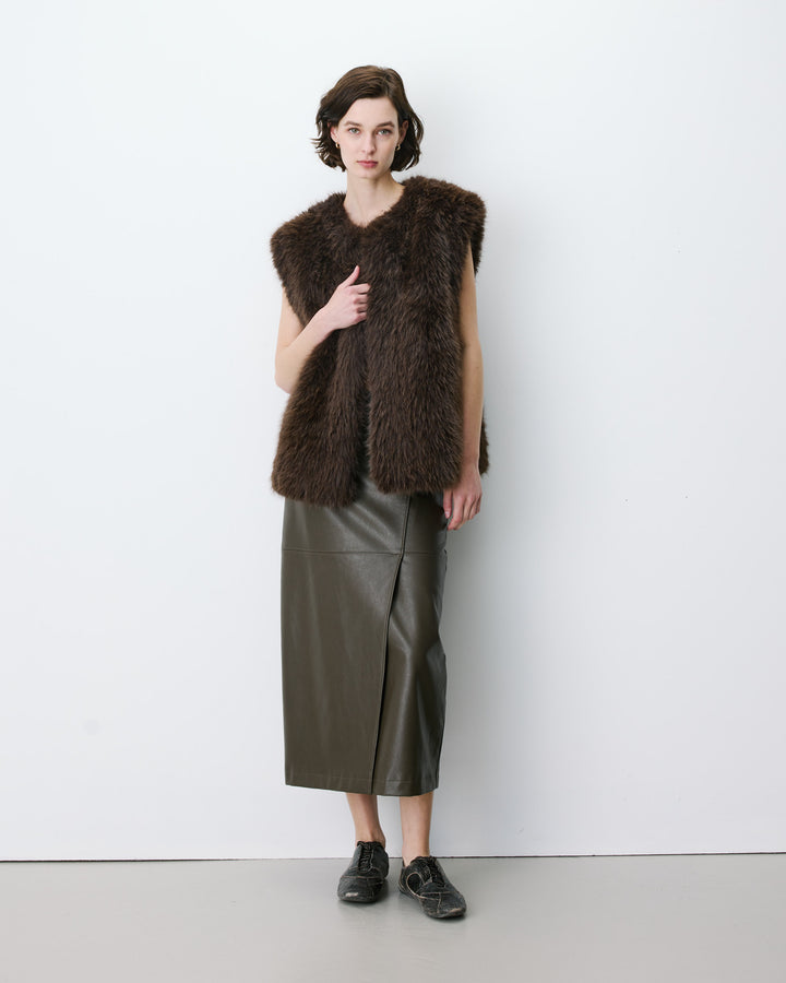 Veste droite sans manches en fausse fourrure chocolat Aelio
