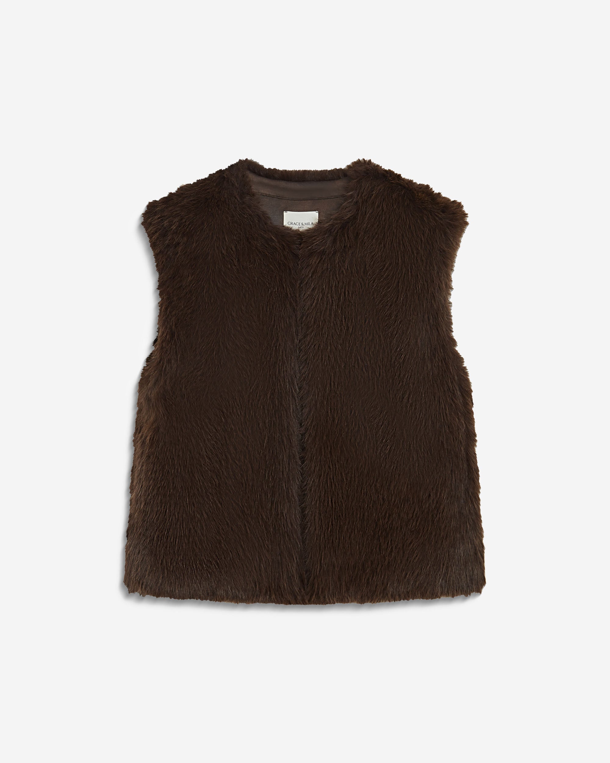 Veste droite sans manches en fausse fourrure chocolat Aelio