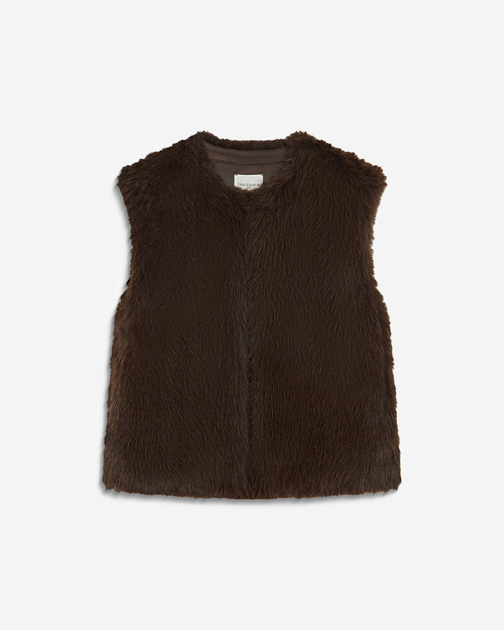 Veste droite sans manches en fausse fourrure chocolat Aelio