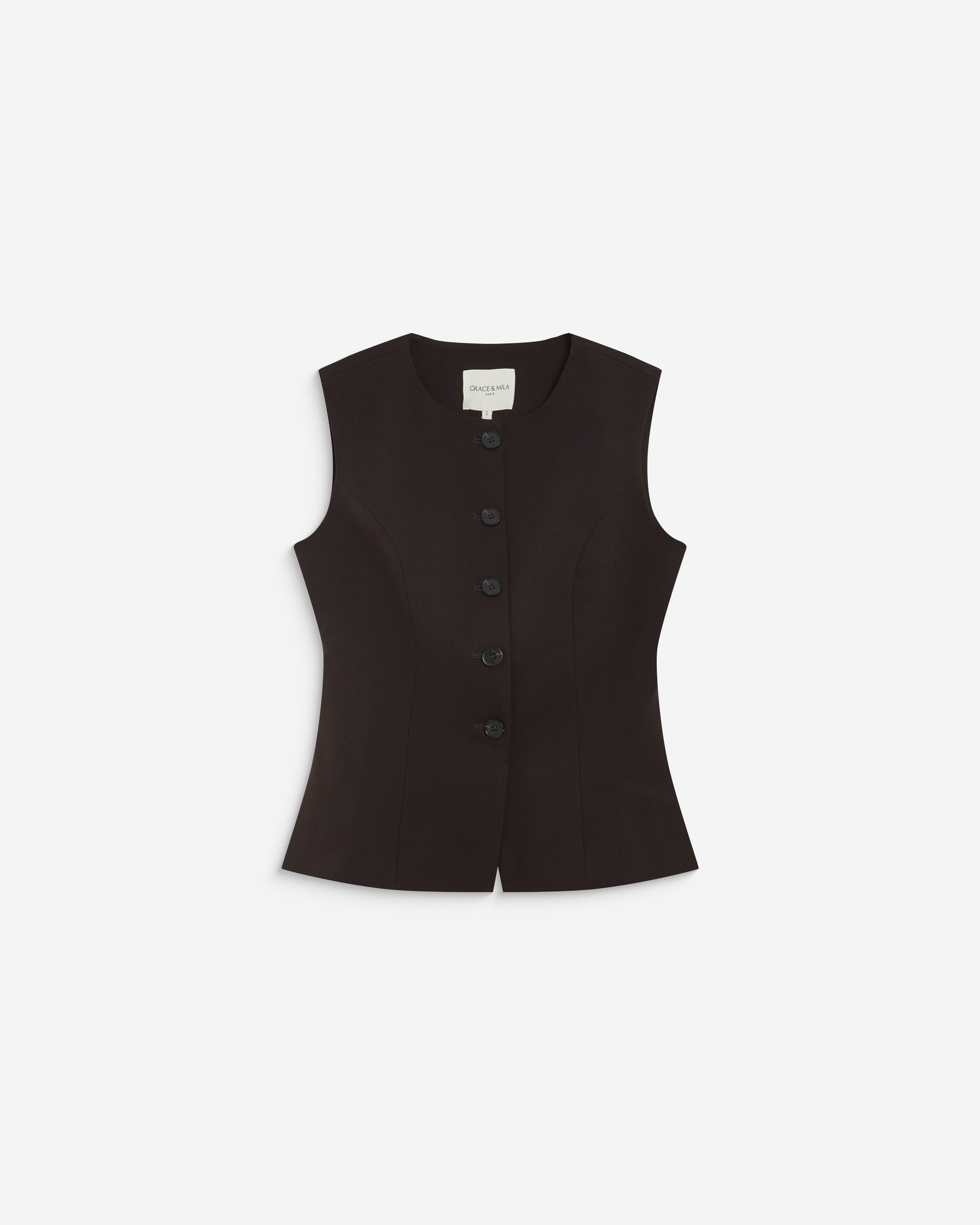 Gilet tailleur col rond boutonné chocolat Aristide