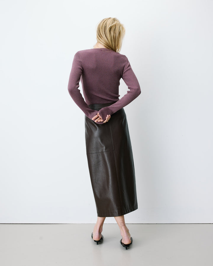 Faux-leather wrap midi skirt chocolat Aenor