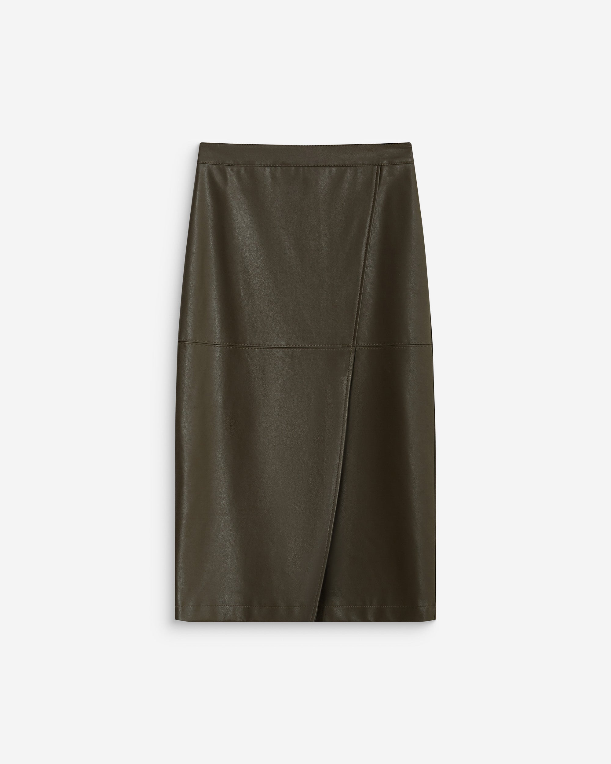 Falda midi cruzada de polipiel kaki Aenor