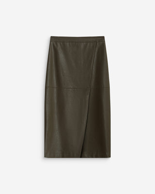 Falda midi cruzada de polipiel kaki Aenor