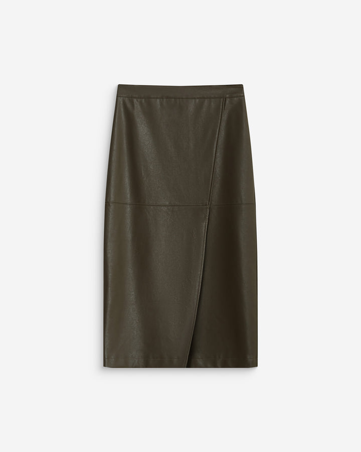 Falda midi cruzada de polipiel kaki Aenor