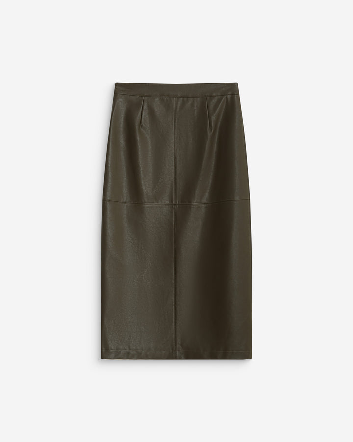 Falda midi cruzada de polipiel kaki Aenor