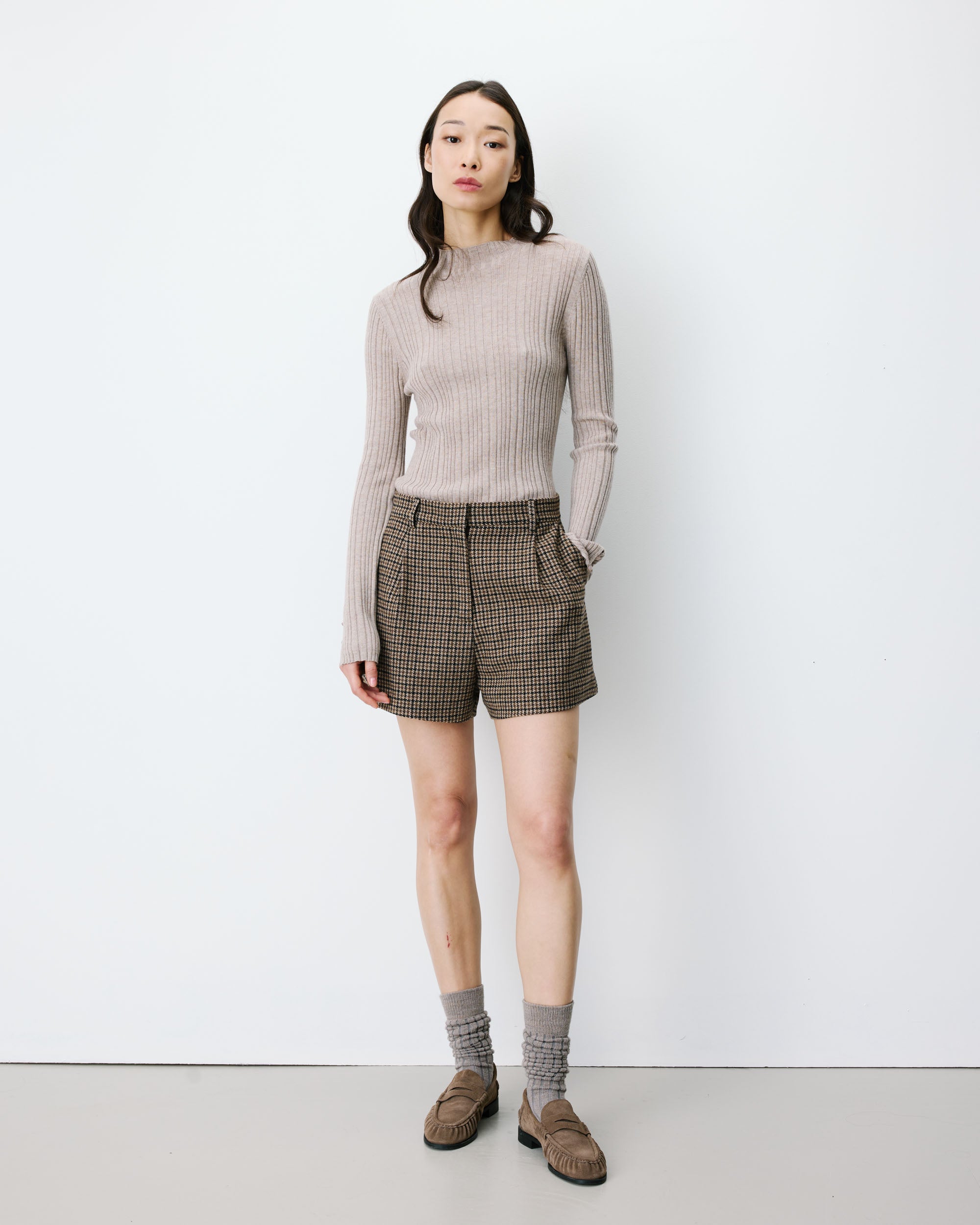 Short tailleur pied-de-poule taille haute coffee Arsenio
