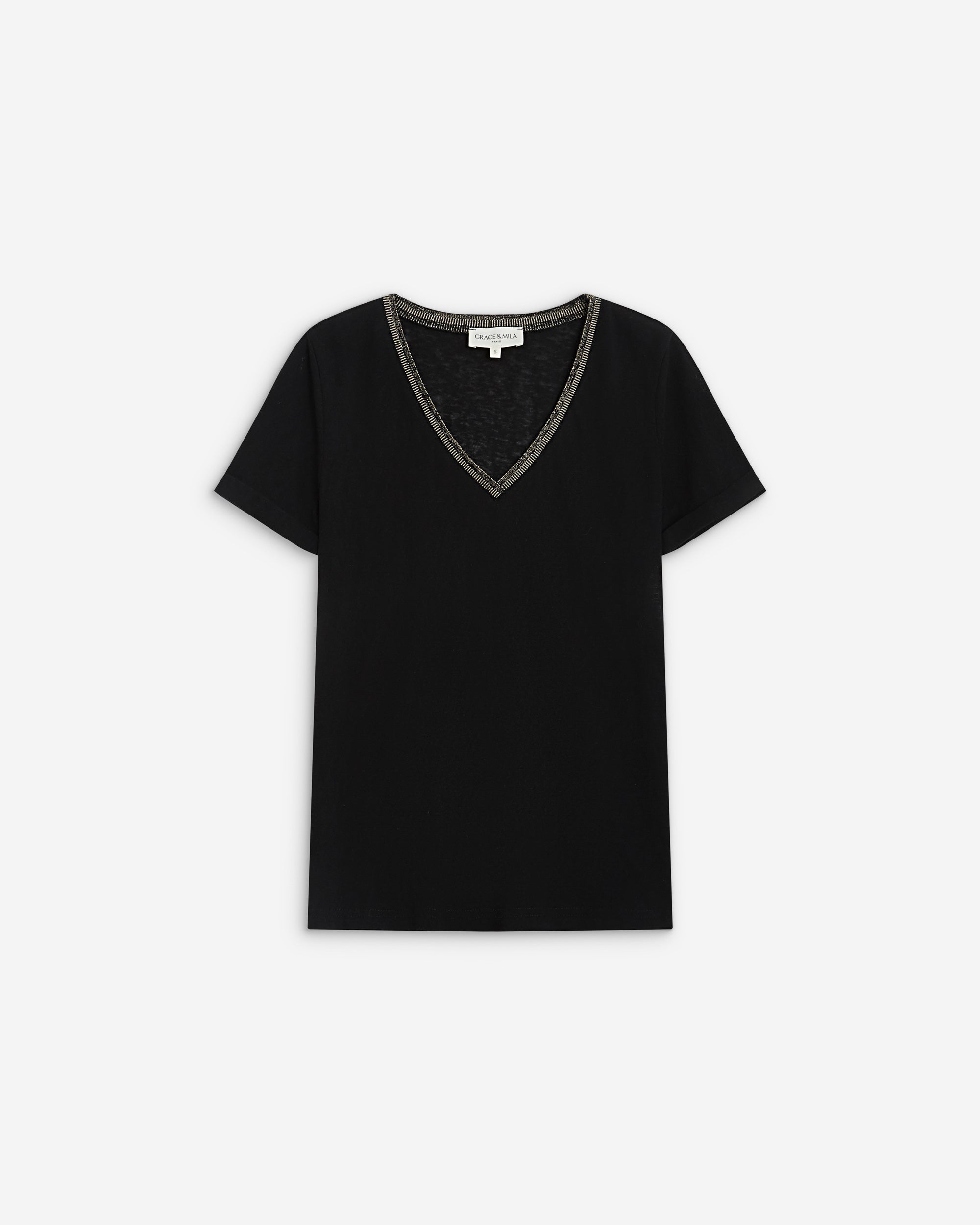 T-shirt manches courtes col V contrasté noir Aurelien