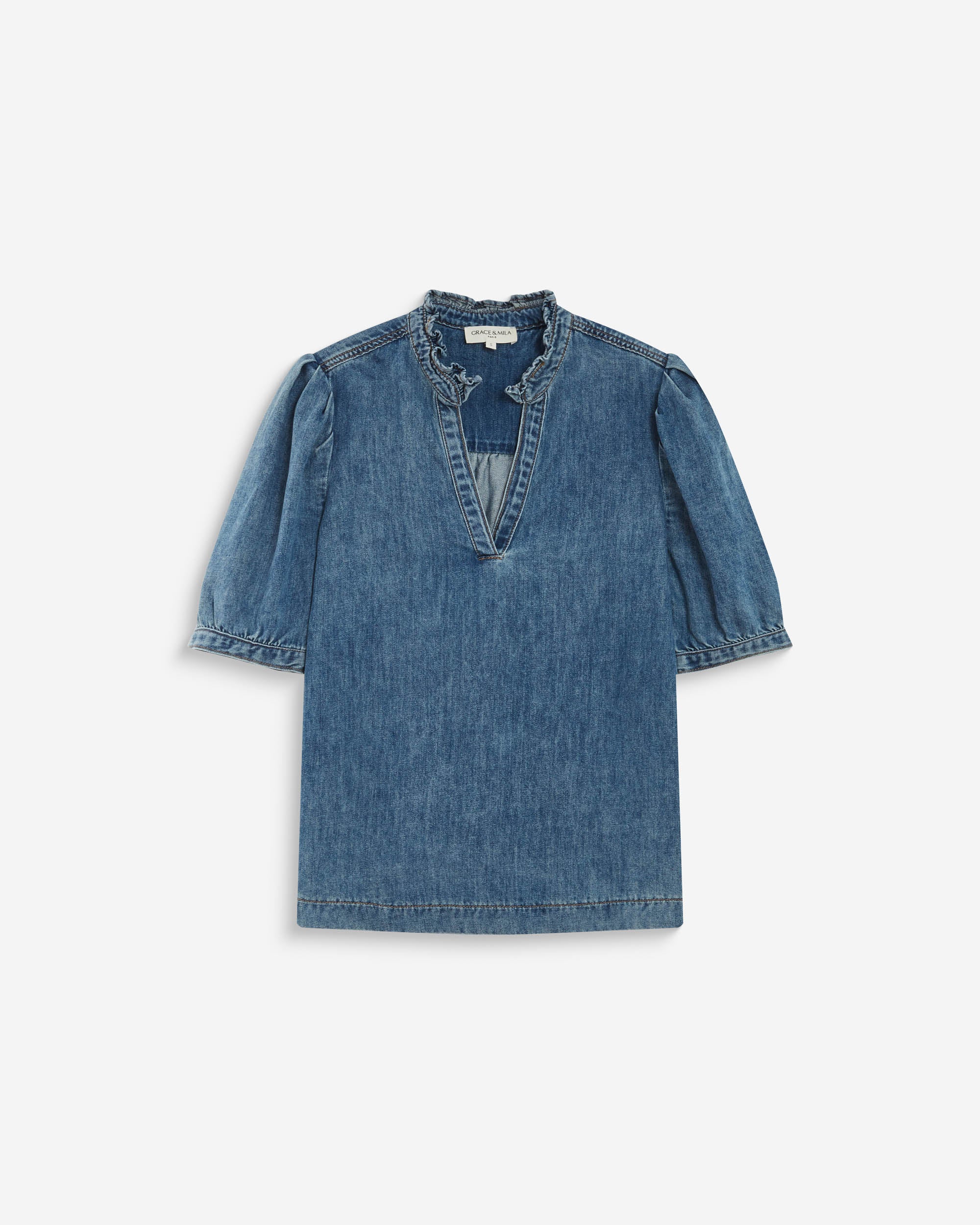 Blouse en denim col V manches bouffantes lightblue Amande
