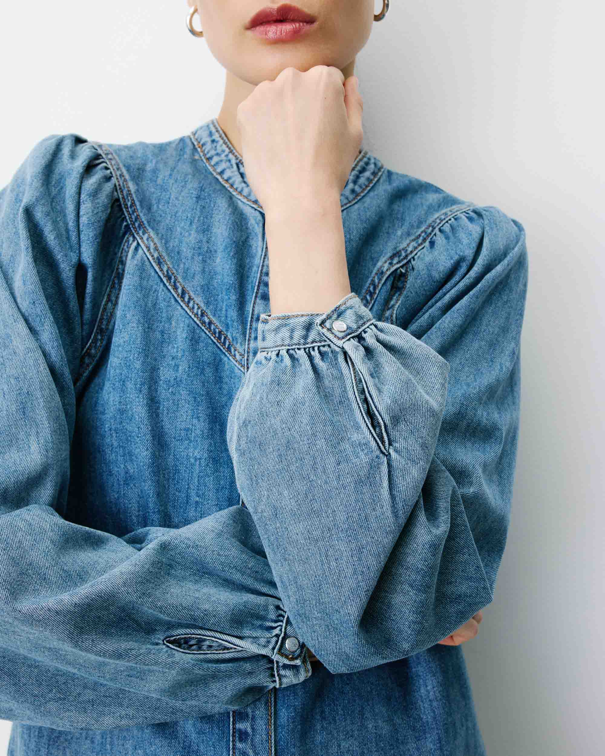 Blouse en denim évasée manches longues lightblue Anaelle