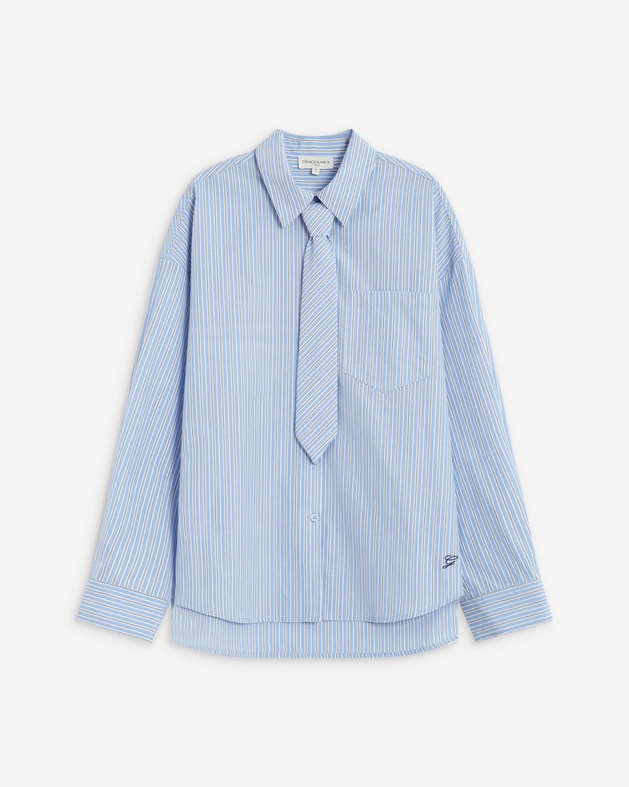 Chemise rayée oversize à cravate amovible ciel Athena
