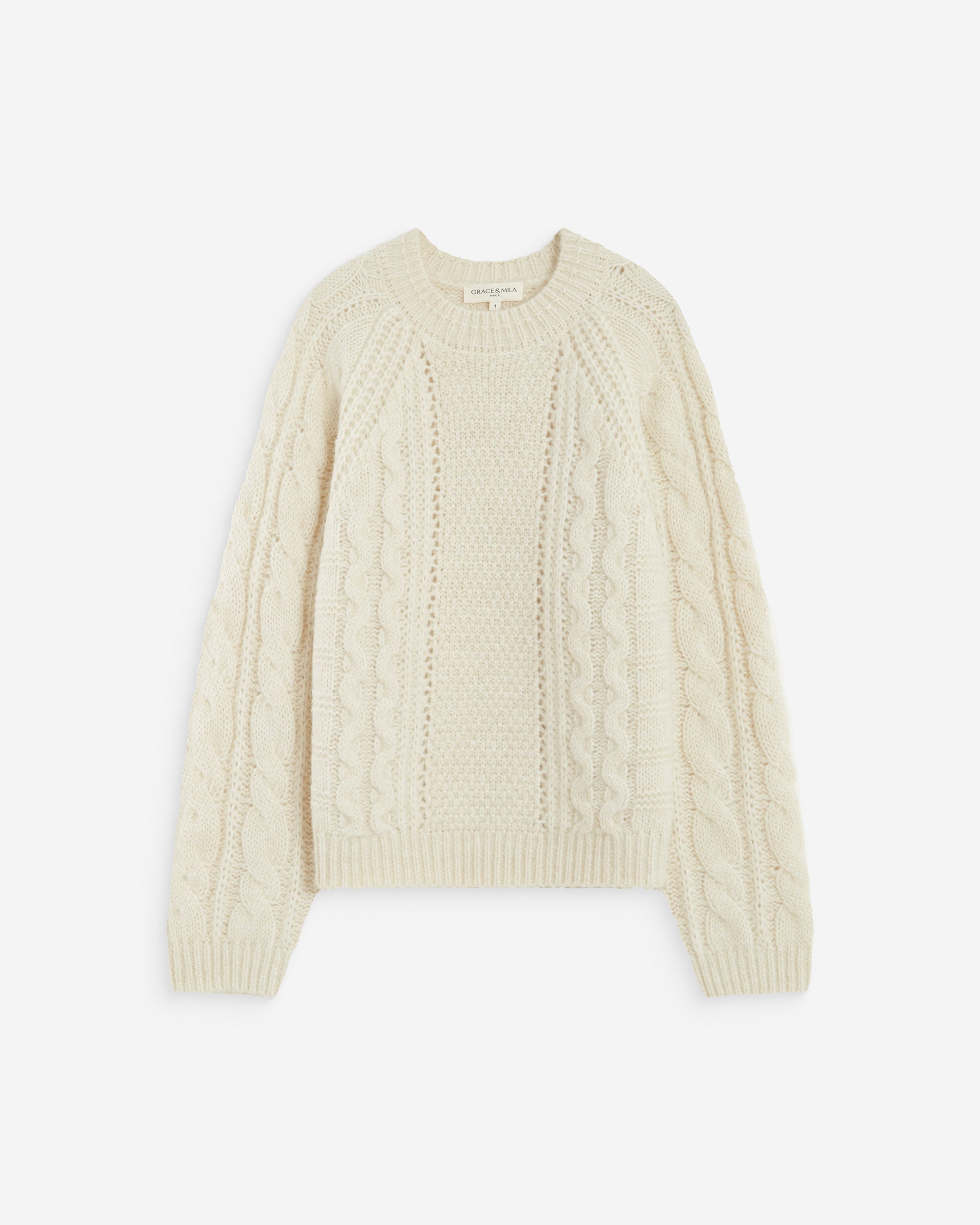 Cable-knit crew-neck sweater ecru Amparo