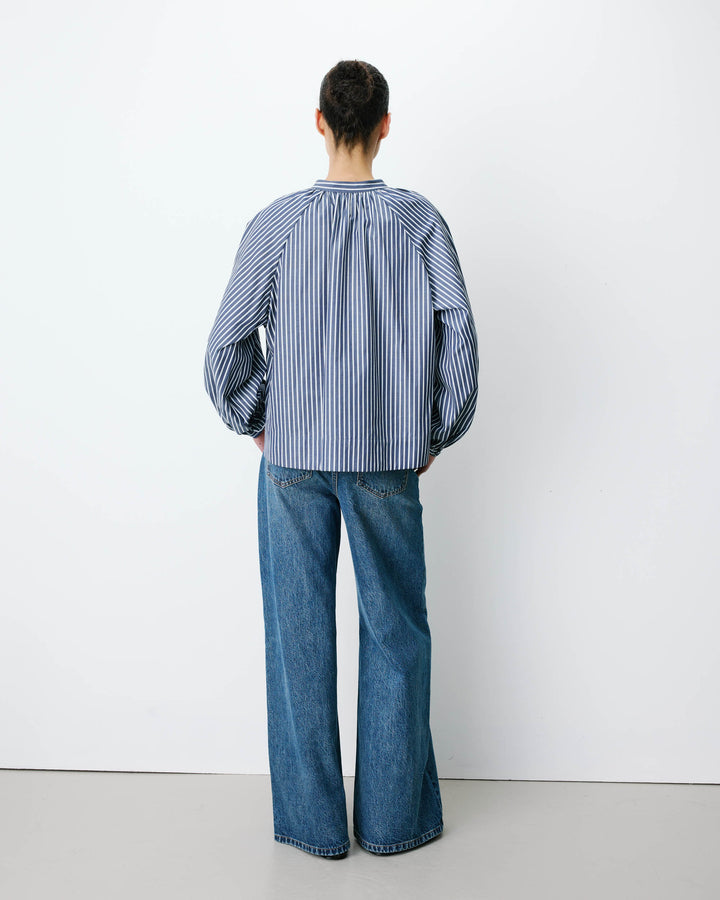 Blouse à rayures col mao à nouer marine Albane