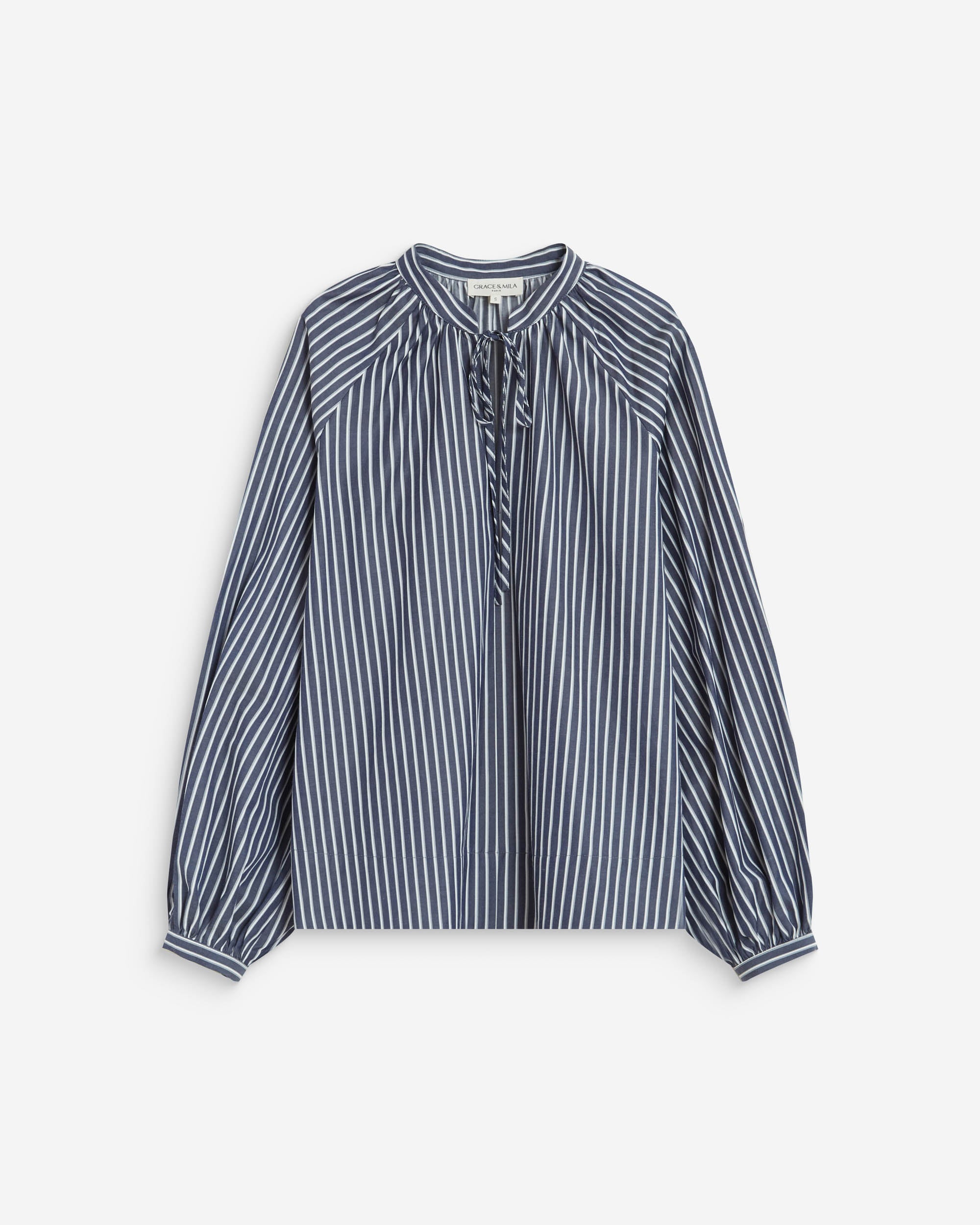 Blouse à rayures col mao à nouer marine Albane