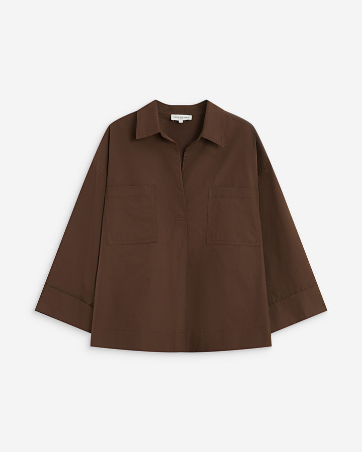 Blouse oversize manches larges en coton chocolat Ambre