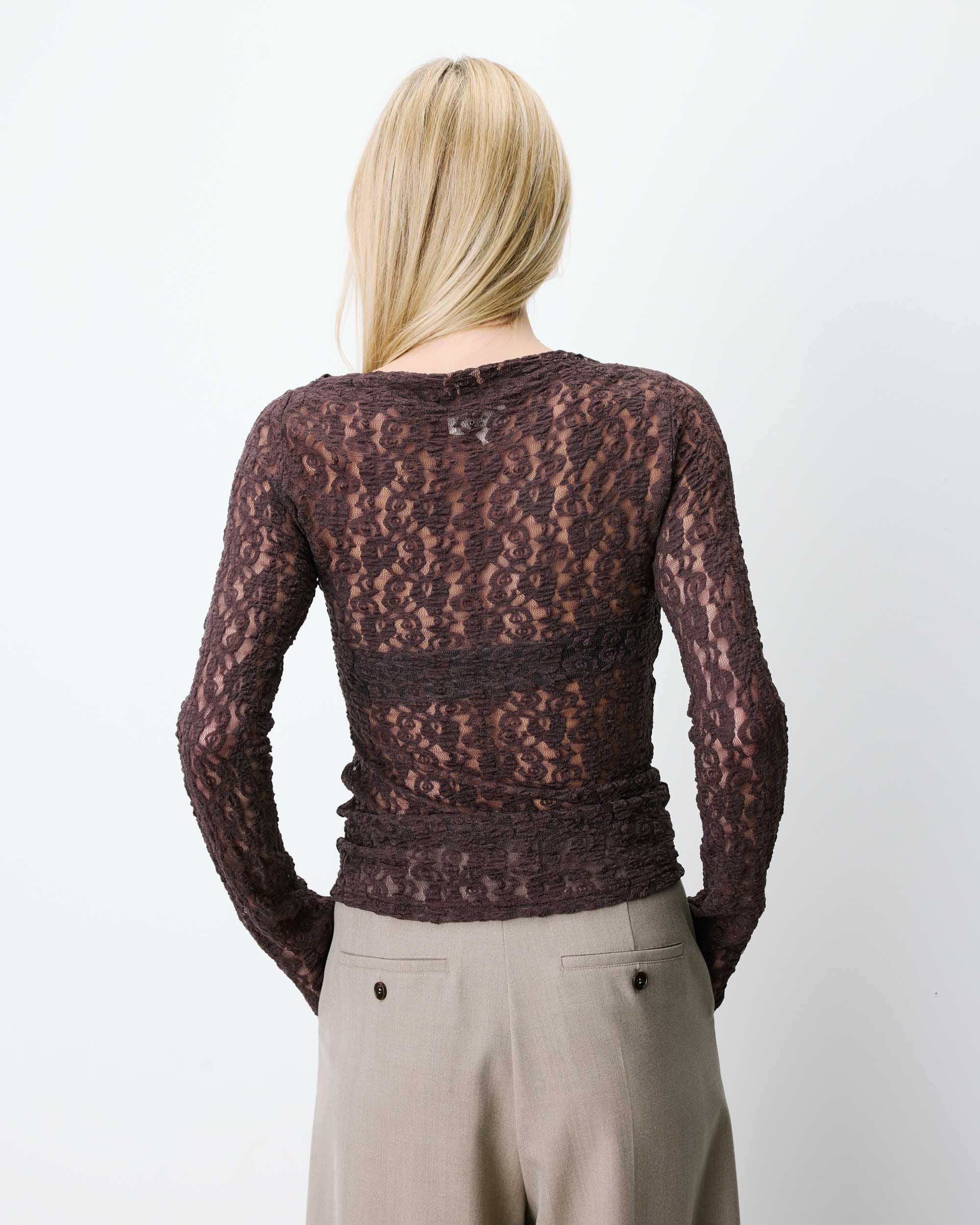 Top en dentelle drapé col bateau chocolat Avoine