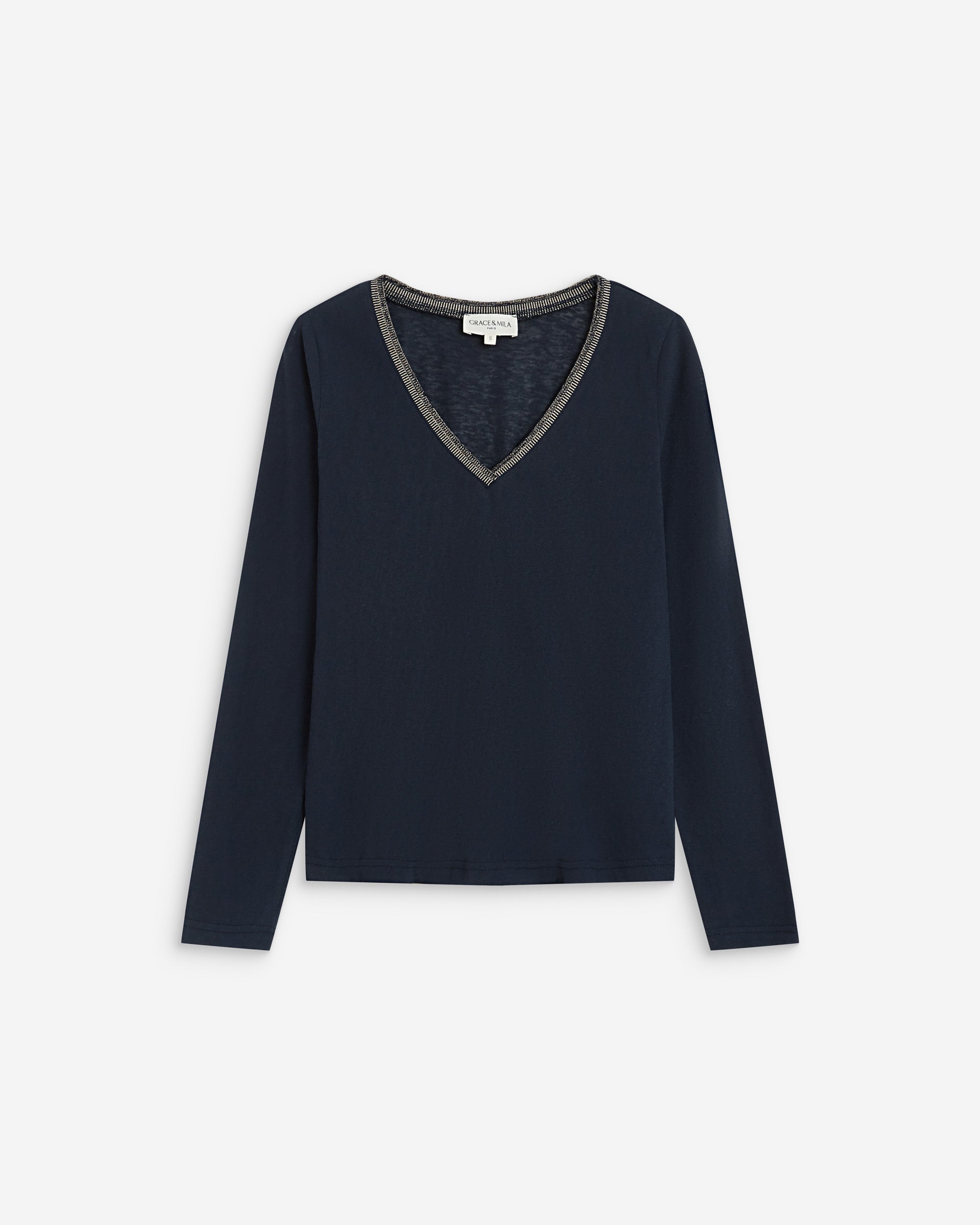 Camiseta de manga larga escote en V marine Abricot
