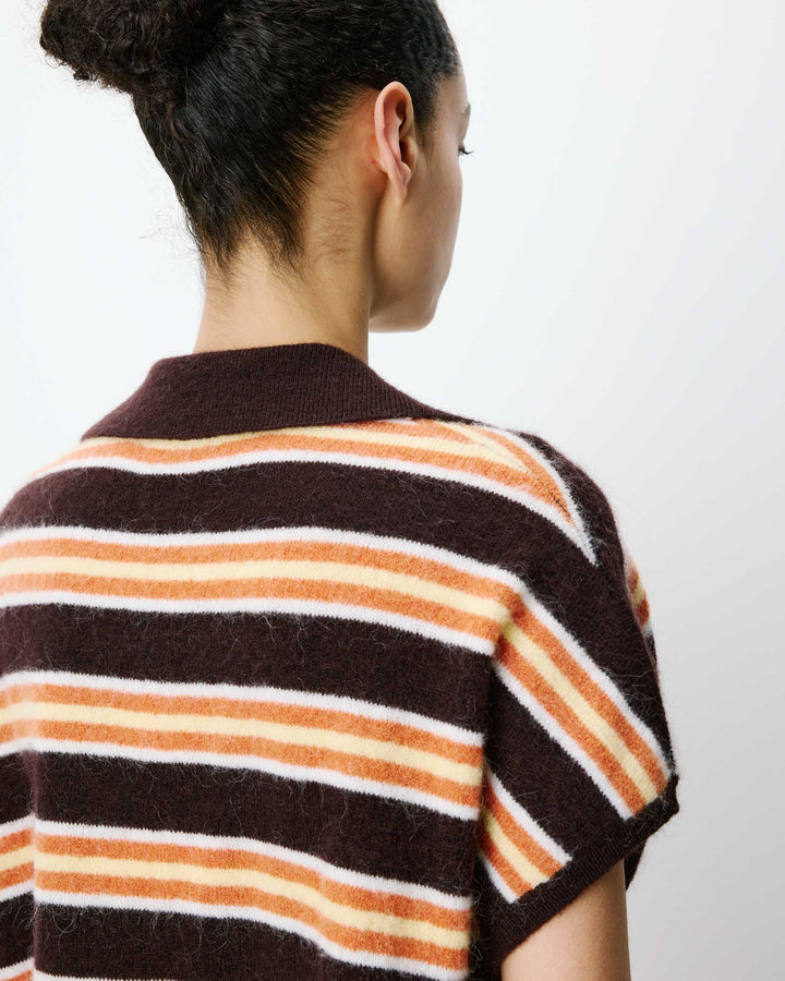 Short-sleeve striped knit polo chocolat Aizen