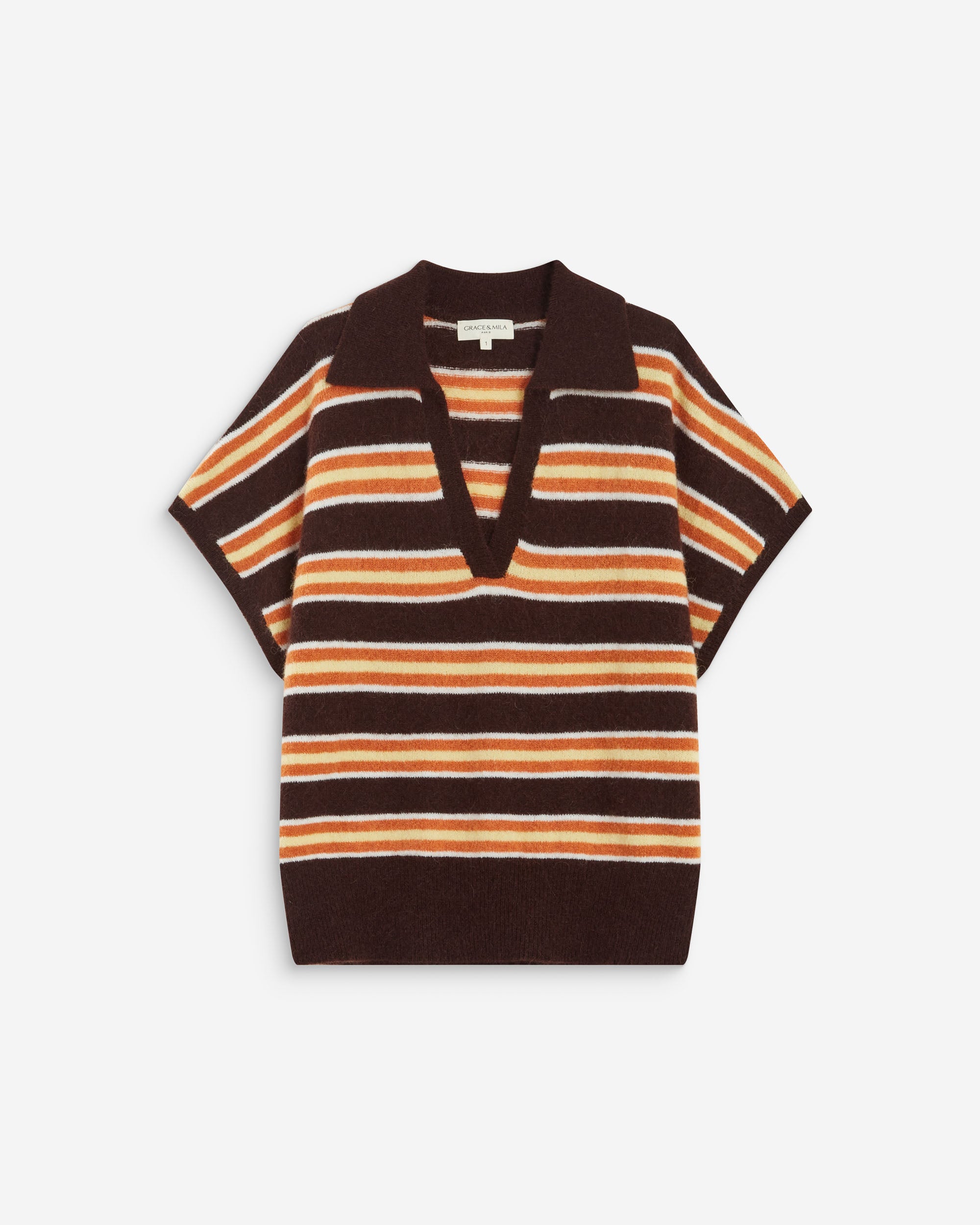 Short-sleeve striped knit polo chocolat Aizen