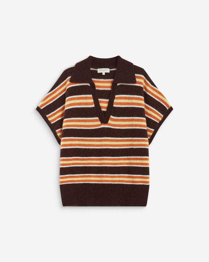 Short-sleeve striped knit polo chocolat Aizen