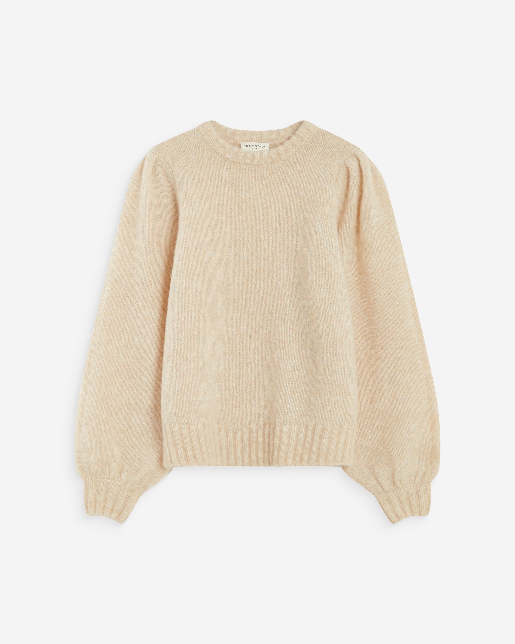Pull en maille col rond épaules froncées beige Antoine