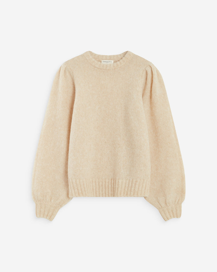 Pull en maille col rond épaules froncées beige Antoine