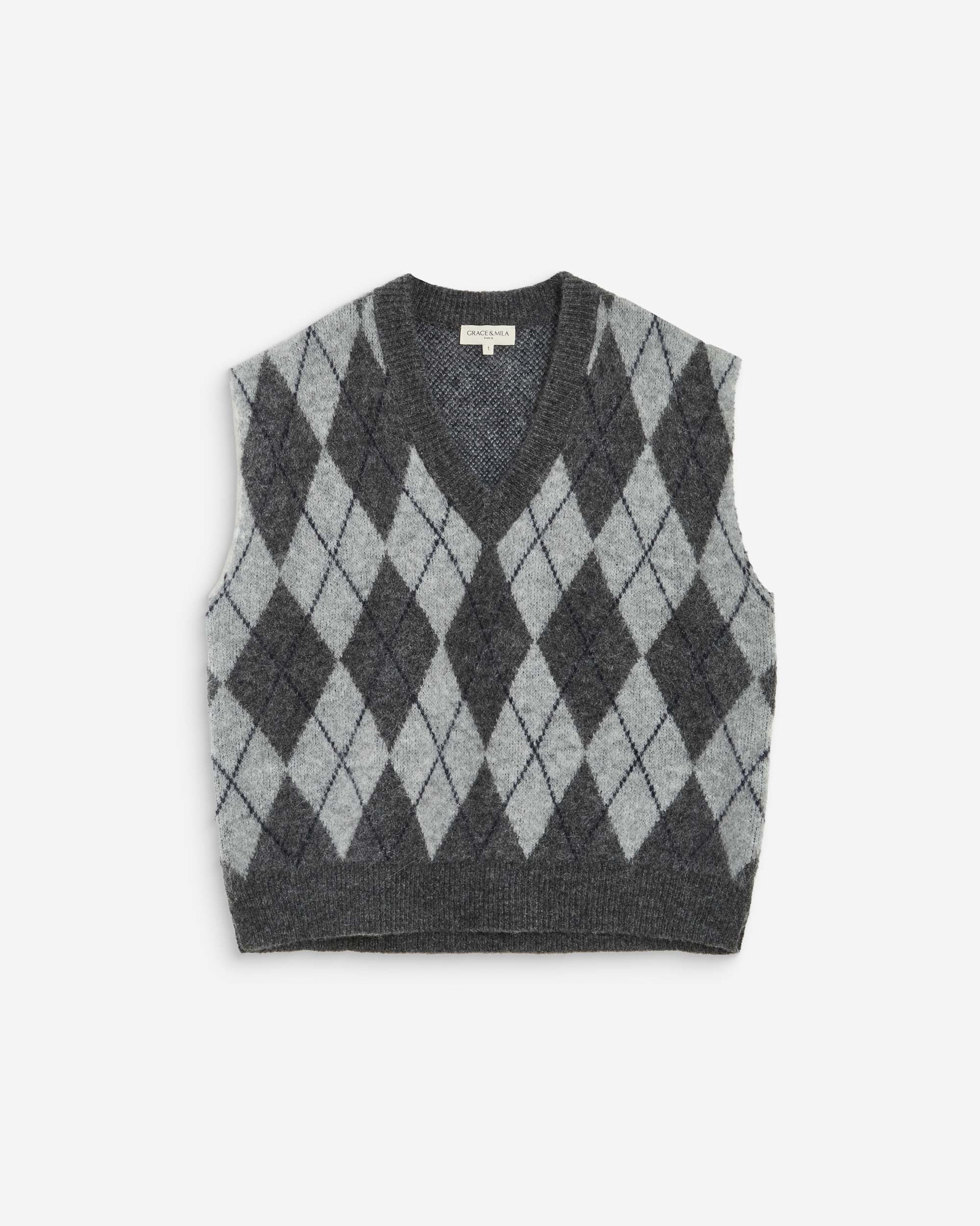 Pull sans manches en maille à losanges anthracite Arelio