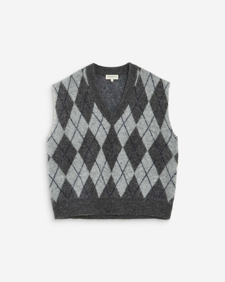 Pull sans manches en maille à losanges anthracite Arelio