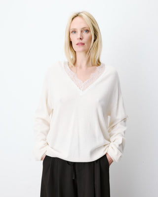 Knit sweater with lace V-neck ecru Augustin