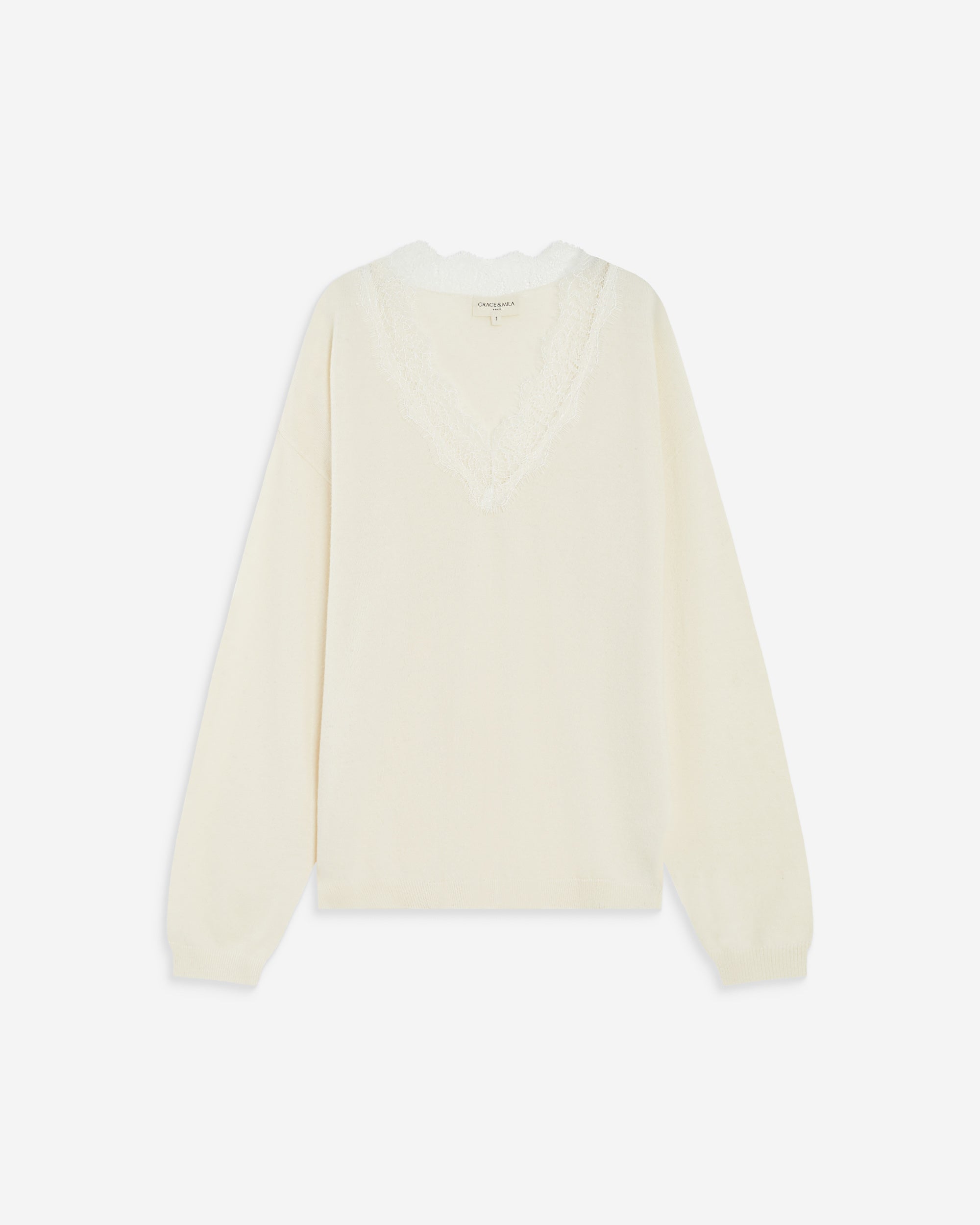 Knit sweater with lace V-neck ecru Augustin