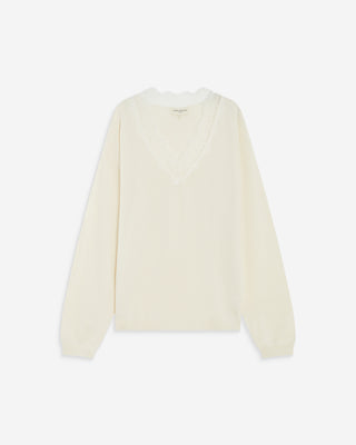 Knit sweater with lace V-neck ecru Augustin