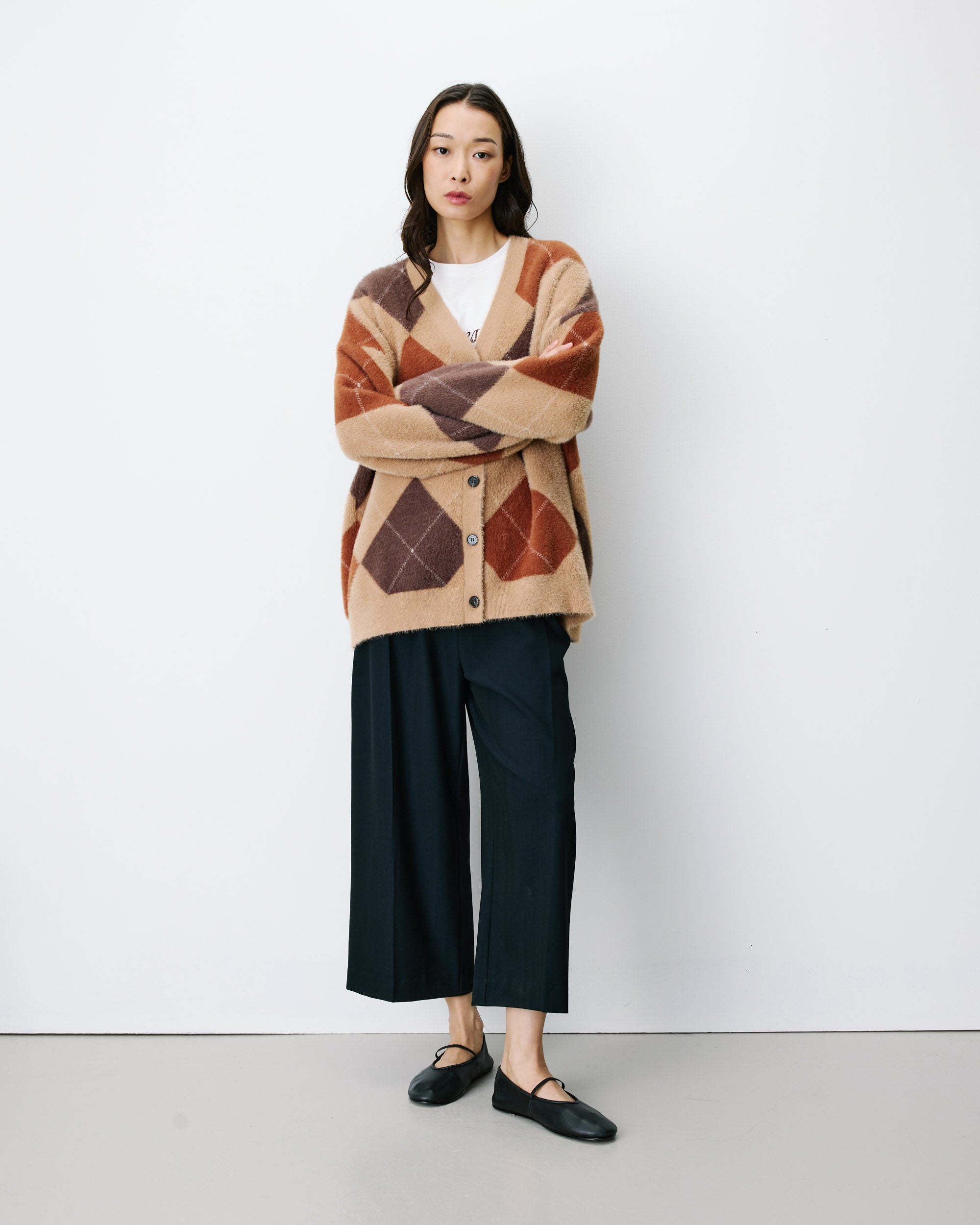 Cardigan doux à losanges col V beige Alexan