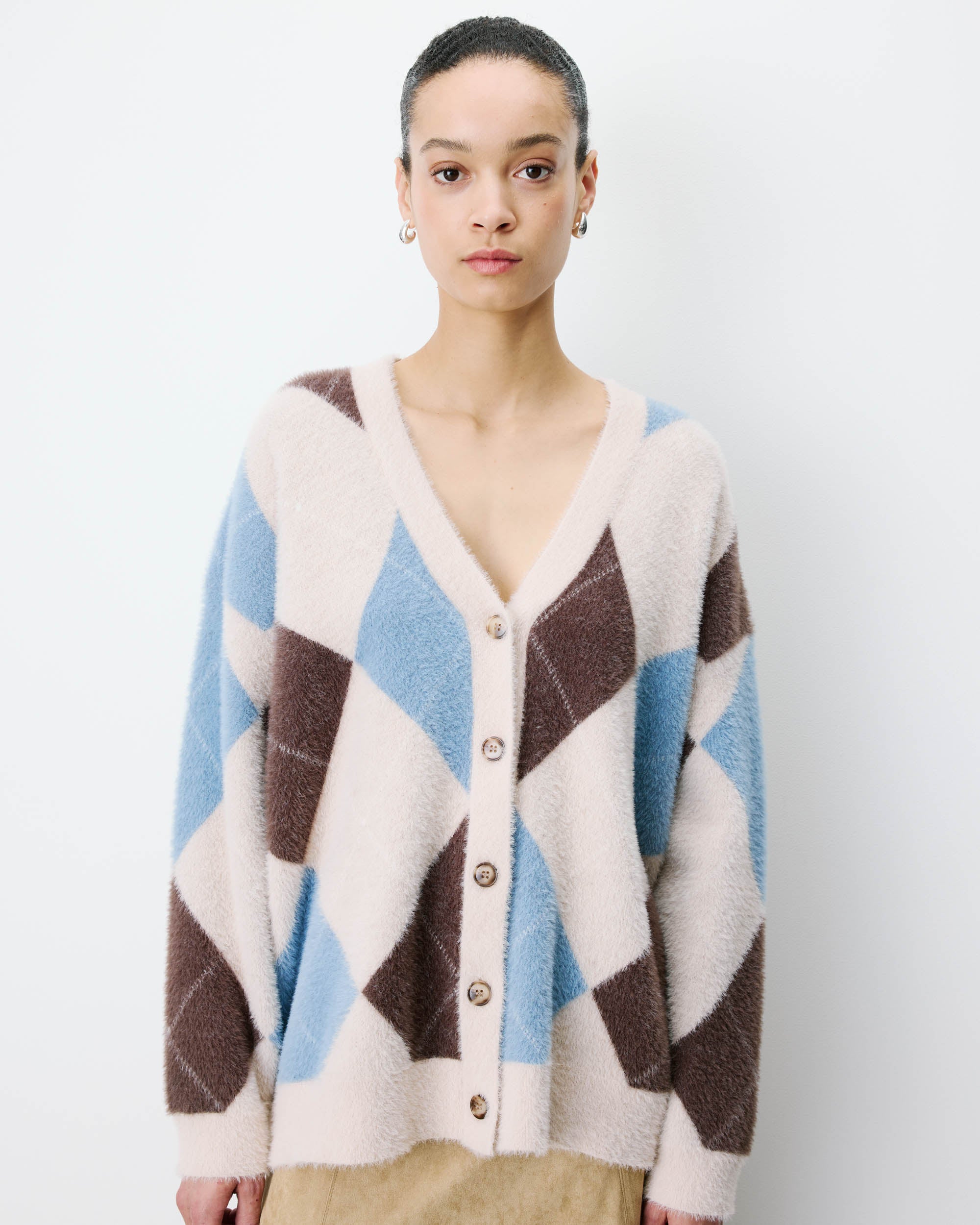 Argyle V-neck cardigan bleuet Alexan