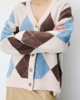 Argyle V-neck cardigan bleuet Alexan