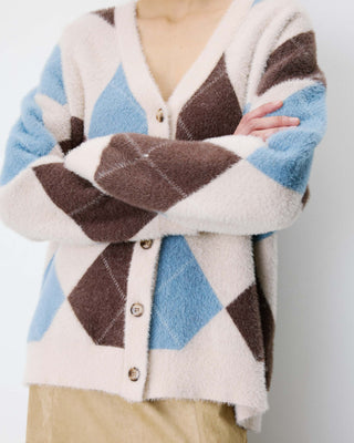 Argyle V-neck cardigan bleuet Alexan