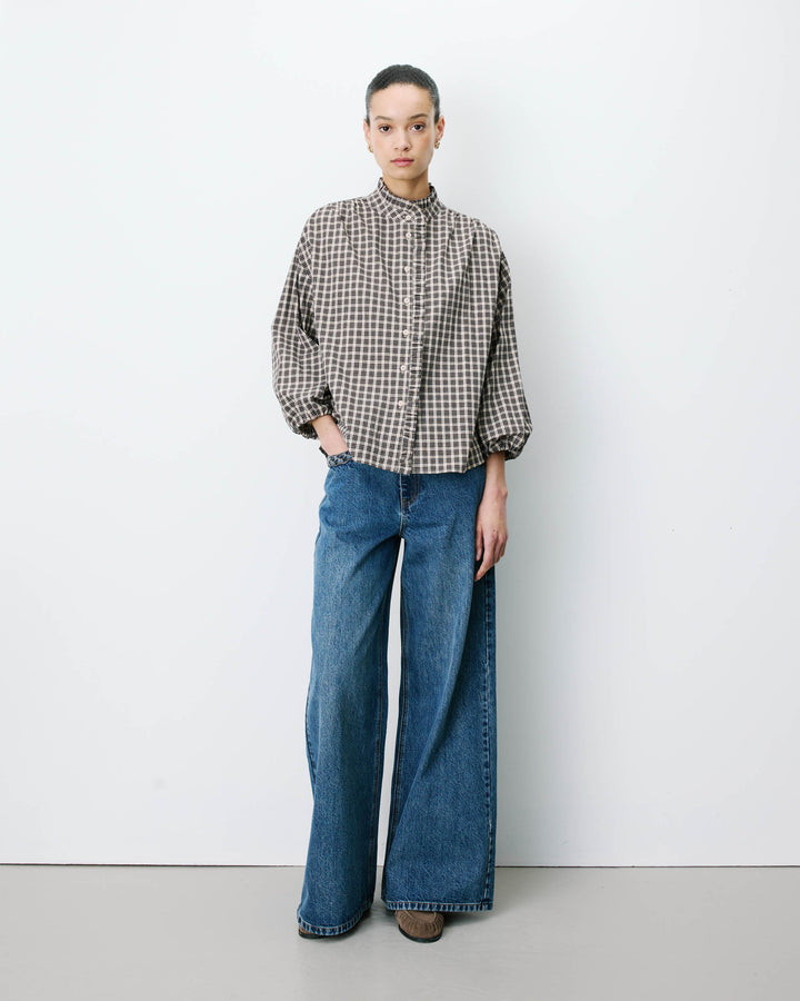 Blouse à carreaux manches bouffantes latte Adelie