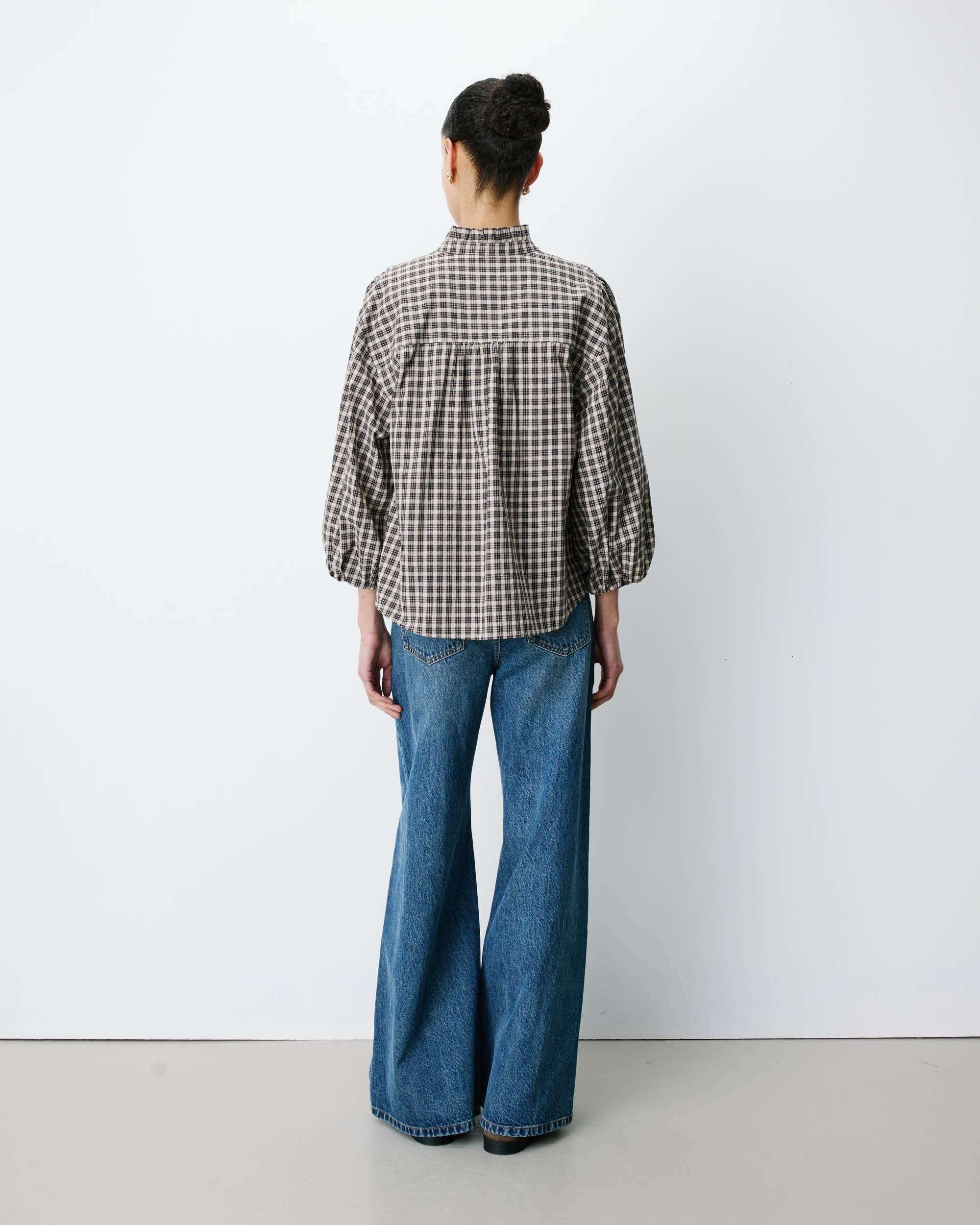 Blouse à carreaux manches bouffantes latte Adelie