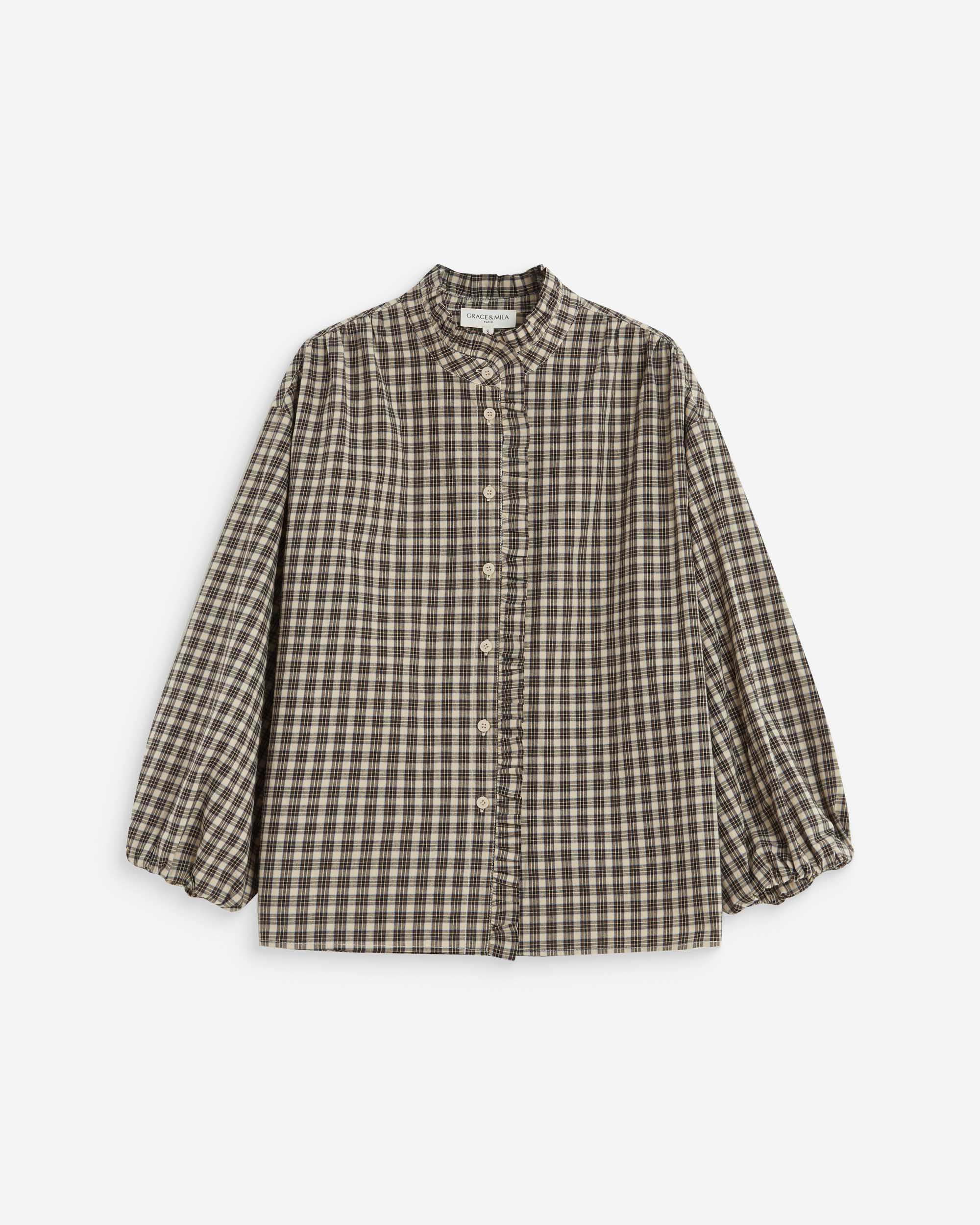 Blouse à carreaux manches bouffantes latte Adelie