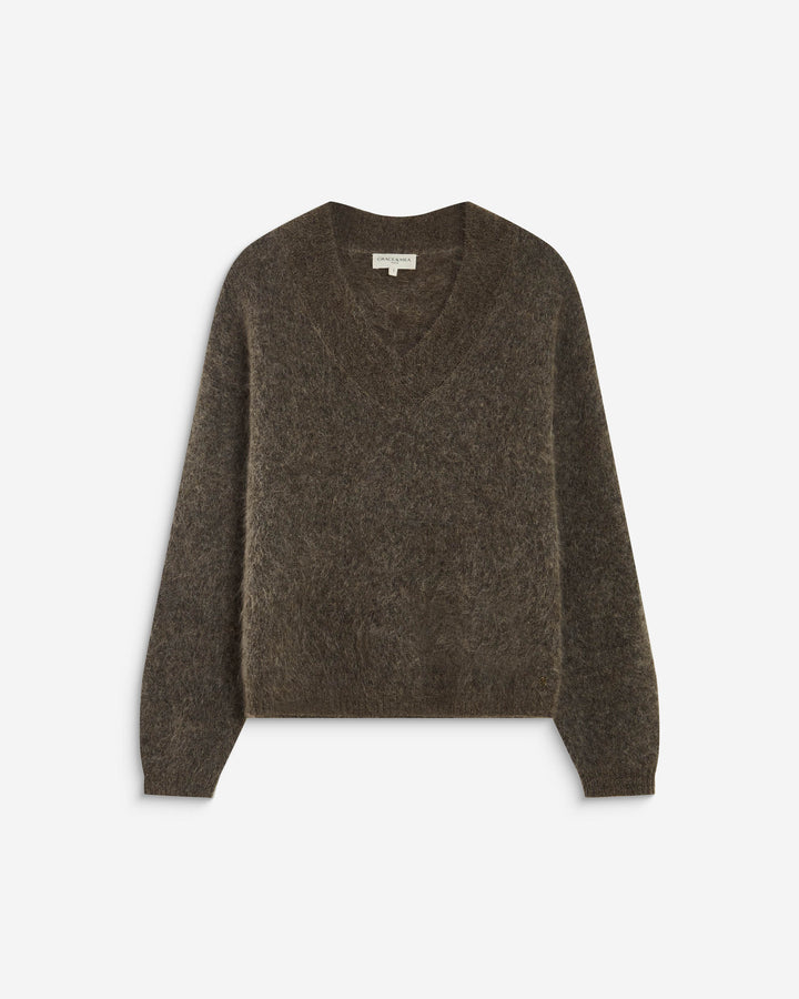 Pull large doux en mohair mélangé col V taupe Adorable