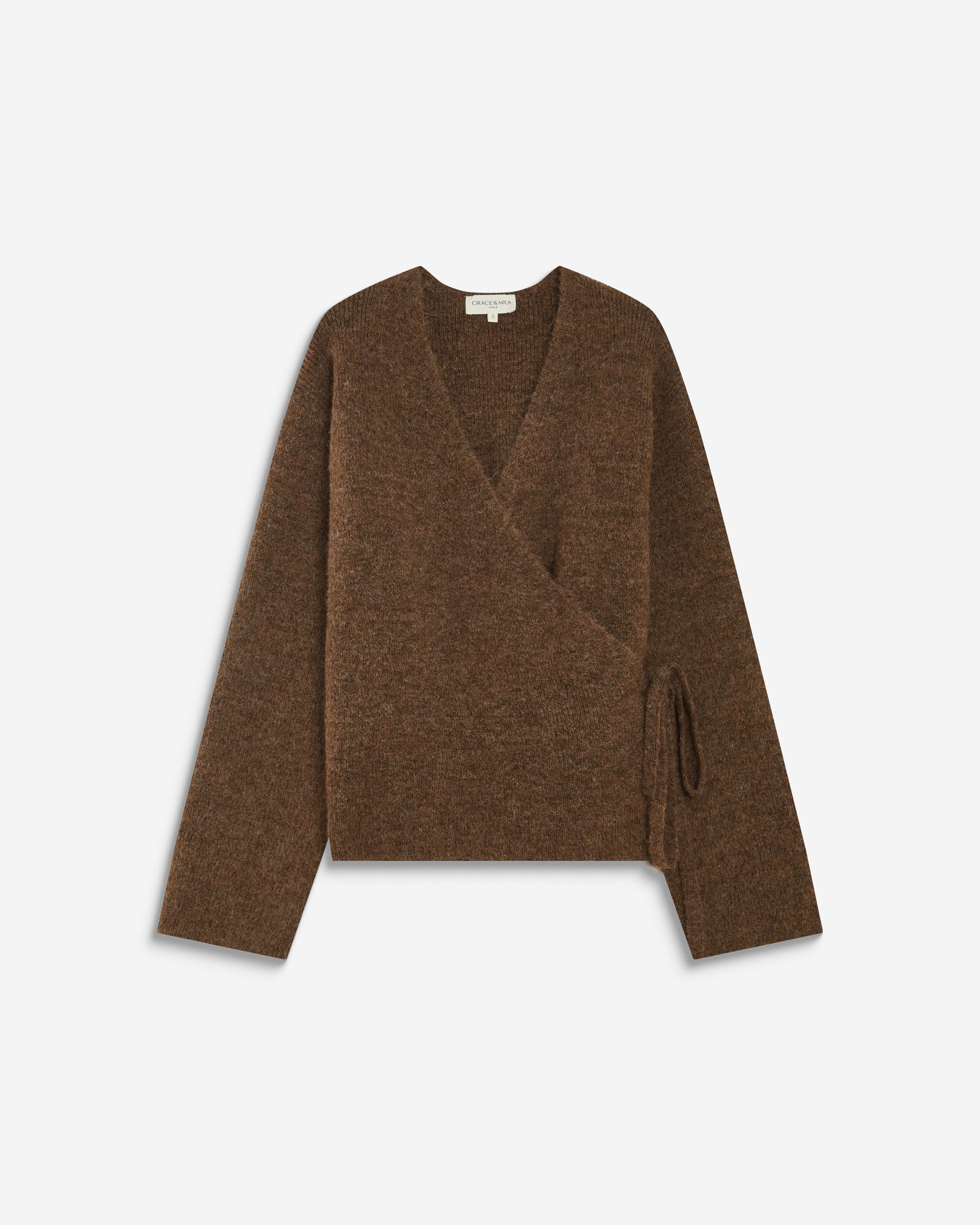 Cardigan cache-cœur nouable en maille chocolat Anior