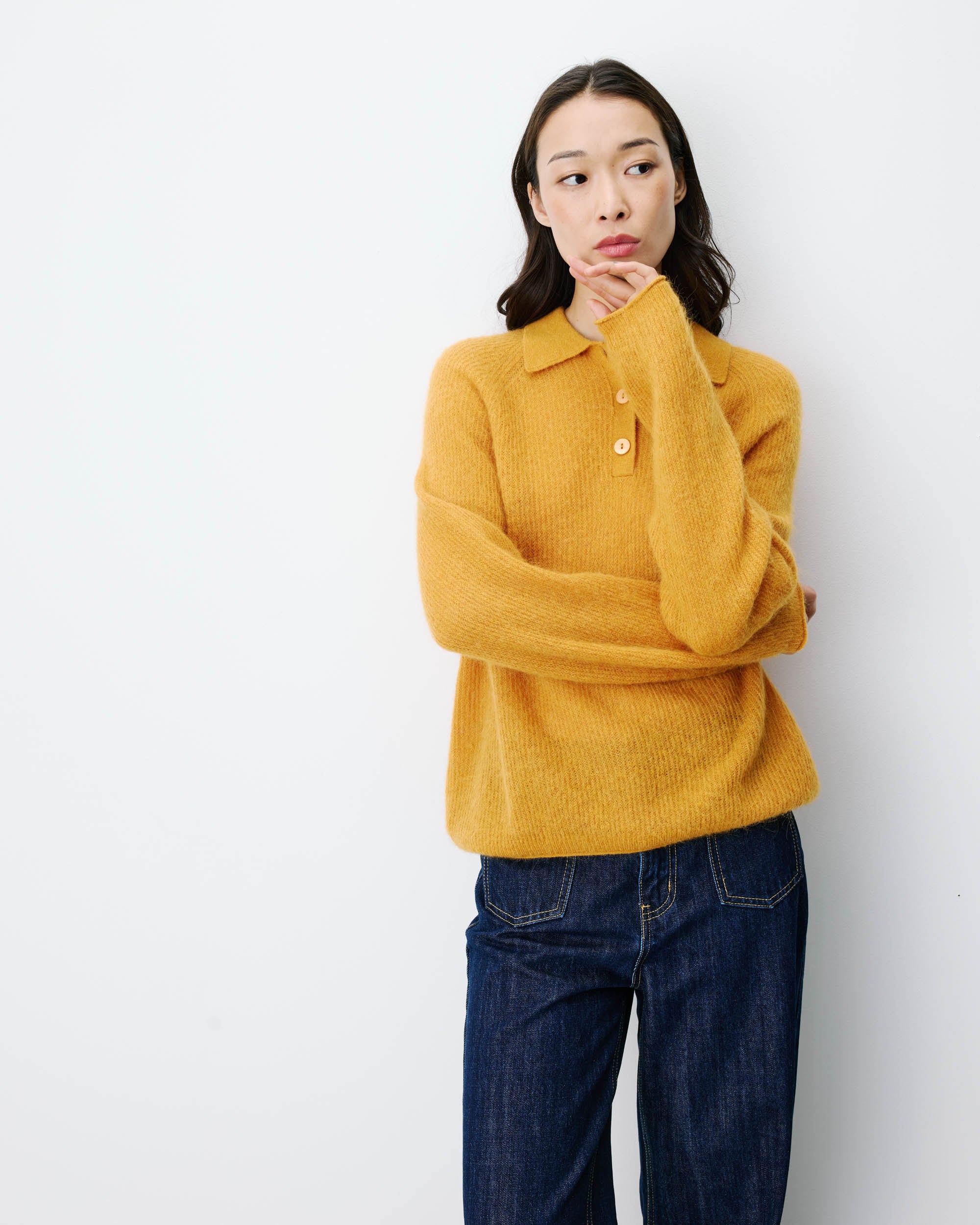 Textured knit polo sweater ocre Alevan