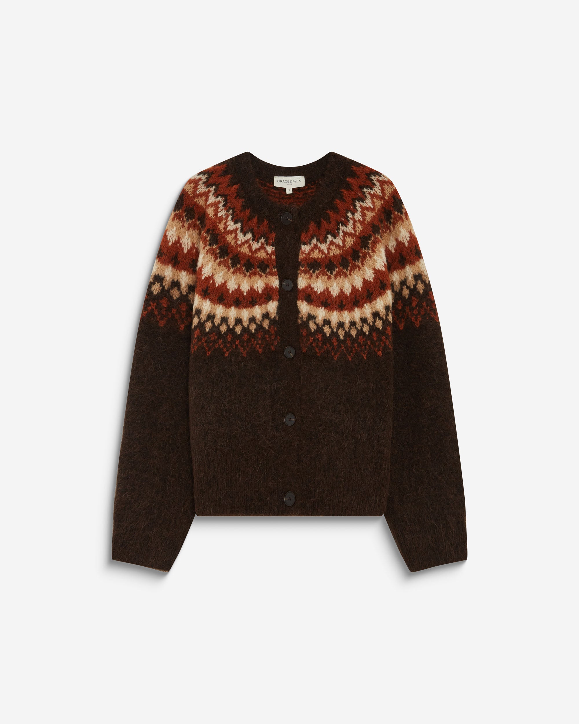 Cardigan en maille jacquard boutonné chocolat Alekio