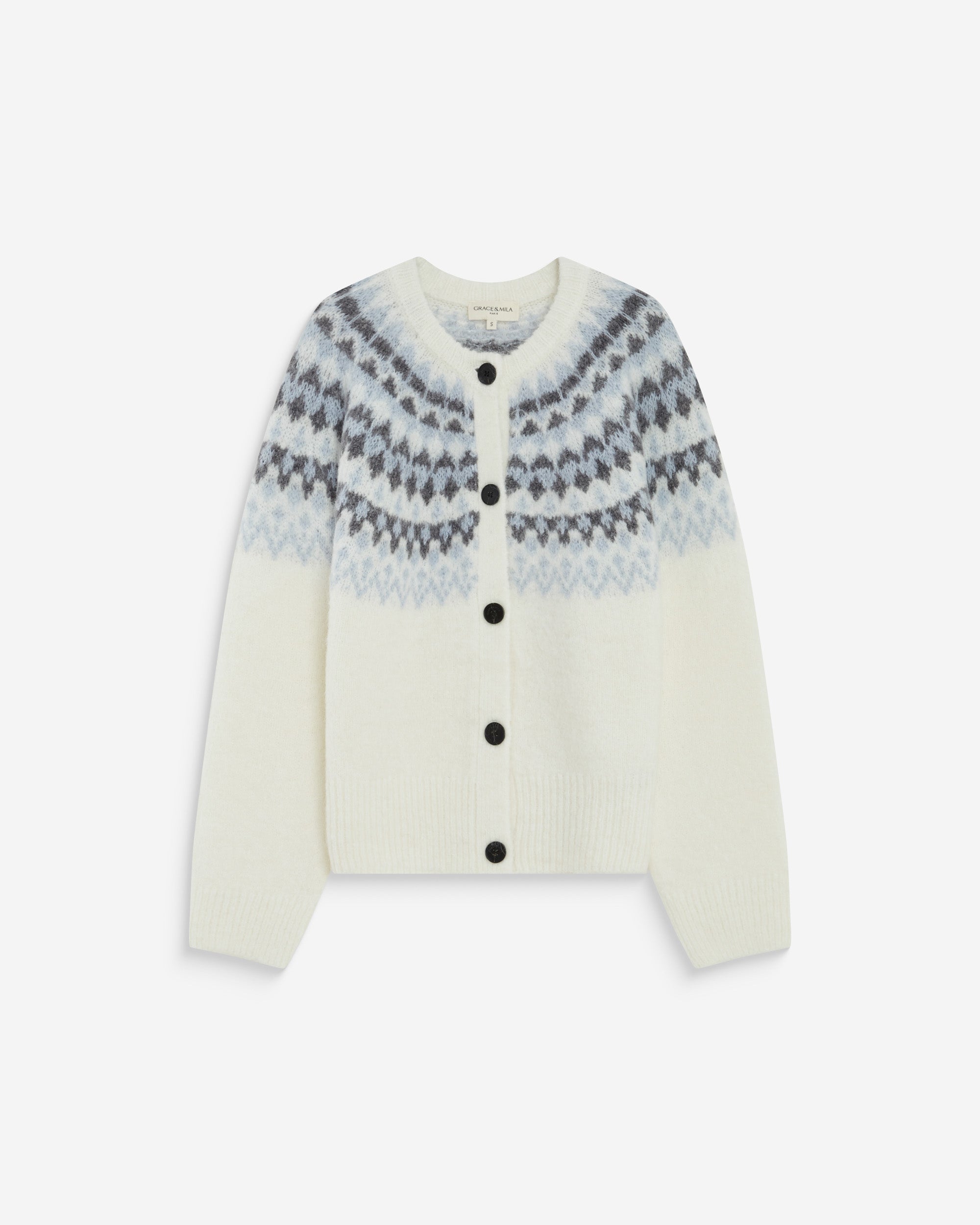 Cardigan en maille jacquard boutonné ivoire Alekio