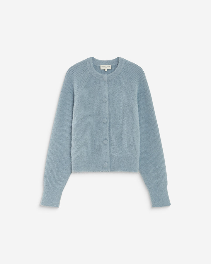 Cardigan doux col rond boutonné bleuet Aleron