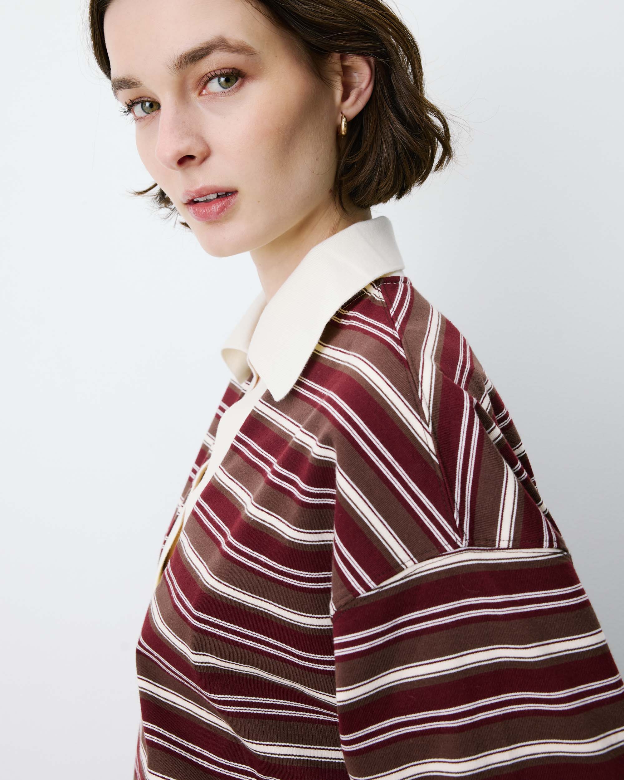 Polo rayé oversize col ouvert chocolat Aron