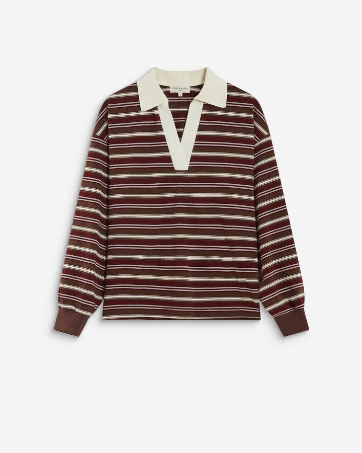 Polo rayé oversize col ouvert chocolat Aron