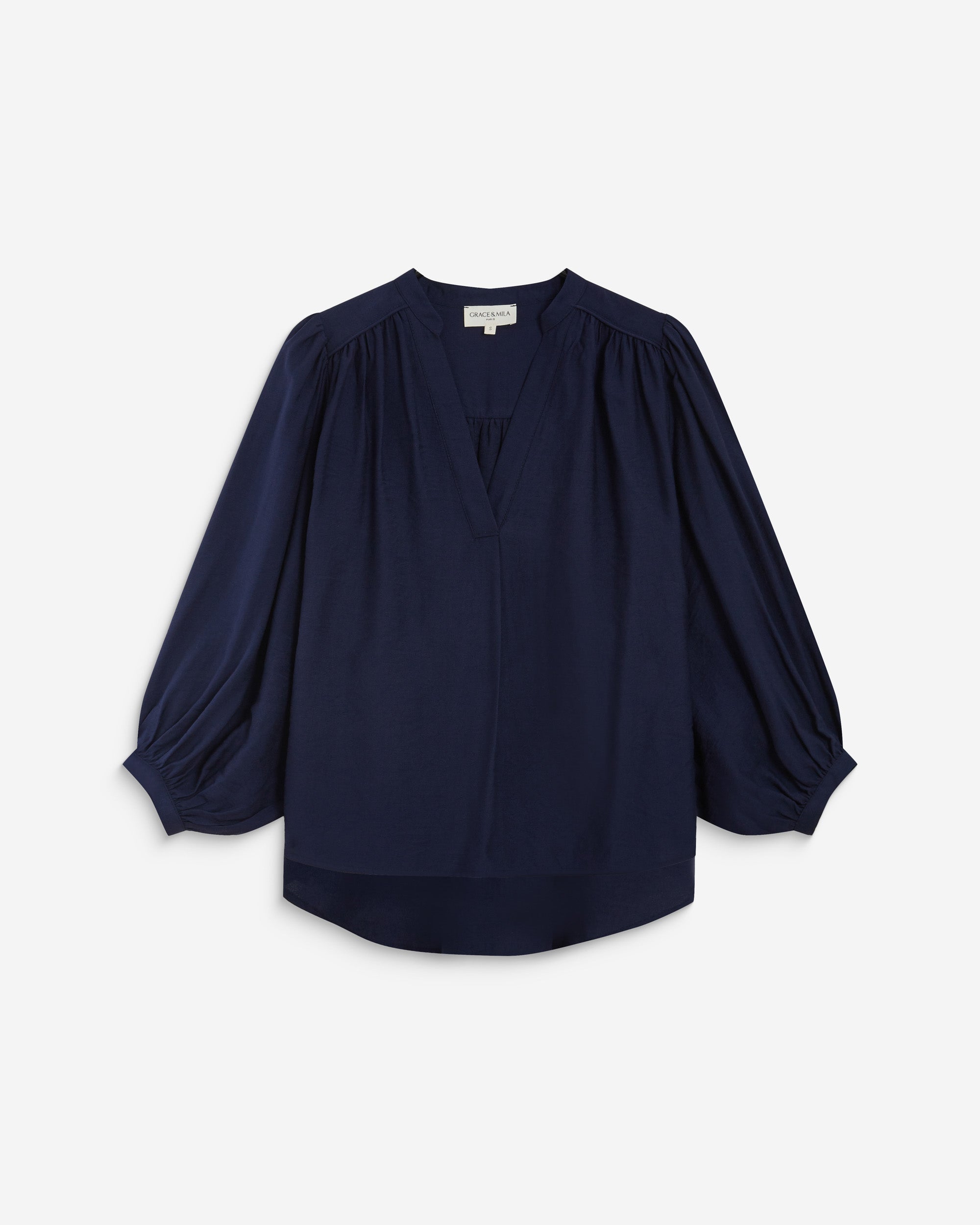 Blouse ample manches bouffantes 3/4 col V marine Auriane