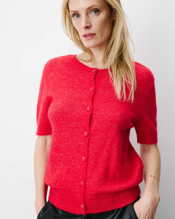 Cardigan manches courtes col rond rouge Akarios