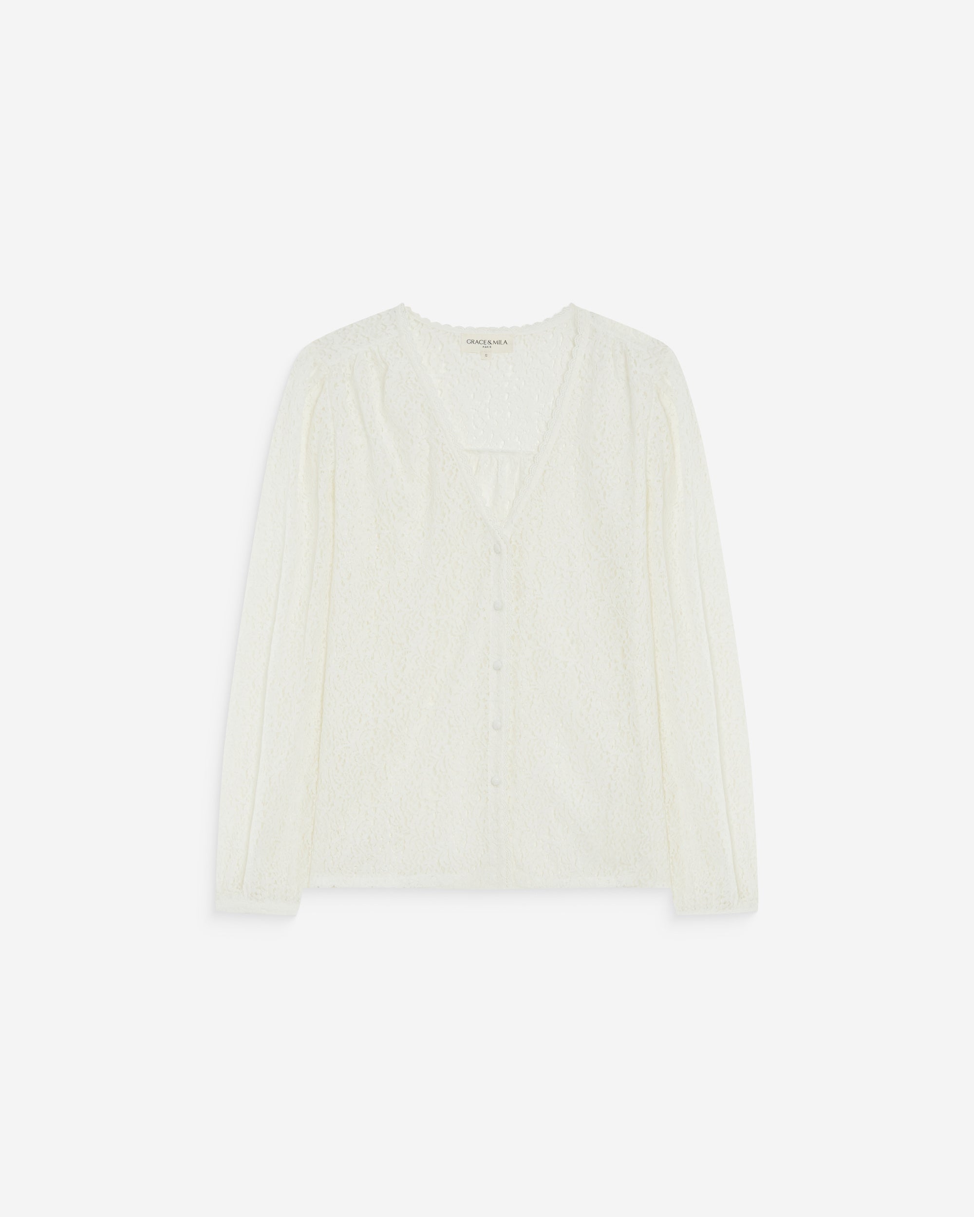 Blouse en dentelle col V manches longues ivoire Aurora