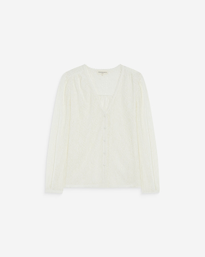 Blouse en dentelle col V manches longues ivoire Aurora