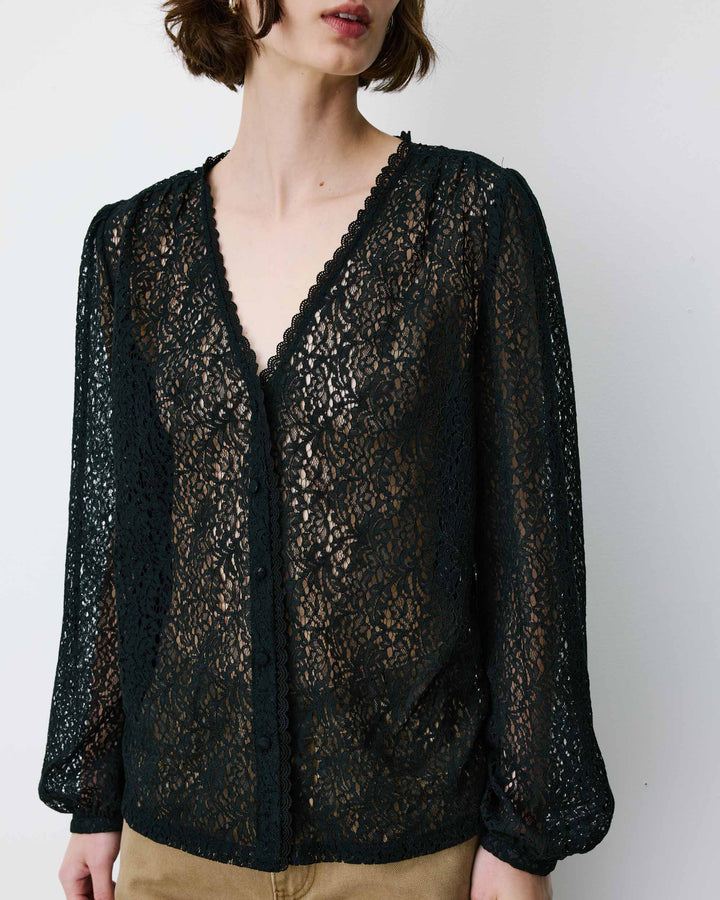 Blouse en dentelle col V manches longues noir Aurora